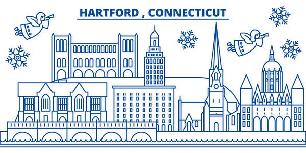 美国, 康涅狄格州, 哈特福德冬季城市天际线。圣诞快乐, 新年装饰横幅。冬天贺卡与雪和圣诞老人。平面, 线向量。线形圣诞插画