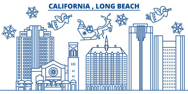 美国, 加利福尼亚, 长滩冬天城市天际。圣诞快乐, 新年装饰横幅。冬天贺卡与雪和圣诞老人。平面, 线向量。线形圣诞插画