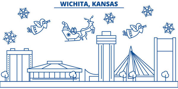 美国, 堪萨斯, 威奇托冬季城市天际线。圣诞快乐, 新年装饰横幅。冬天贺卡与雪和圣诞老人。平面, 线向量。线形圣诞插画
