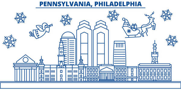 美国, 宾夕法尼亚州, 费城冬季城市天际线。圣诞快乐, 新年装饰横幅。冬天贺卡与雪和圣诞老人. 平面线向量。线形圣诞插画