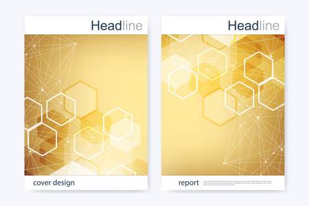 科学的宣传册设计模板。矢量海报布局 分子结构与连接的线和点。科学模式原子 Dna 与杂志 传单 封面 海报设计元素