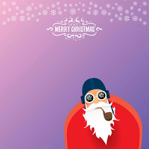 矢量 Dj 摇滚 n 辊圣诞老人与吸烟管, 圣诞老人胡子和时髦的圣诞老人帽子孤立在 violetred 圣诞广场背景与雪花。圣诞