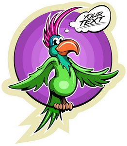 卡通风格鹦鹉与漫画文本框矢量鸟矢量图像。