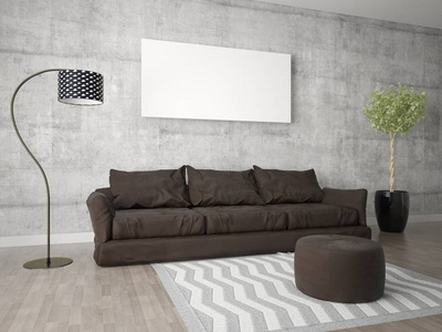 模拟一个时髦的客厅与舒适的沙发和时髦的背景。