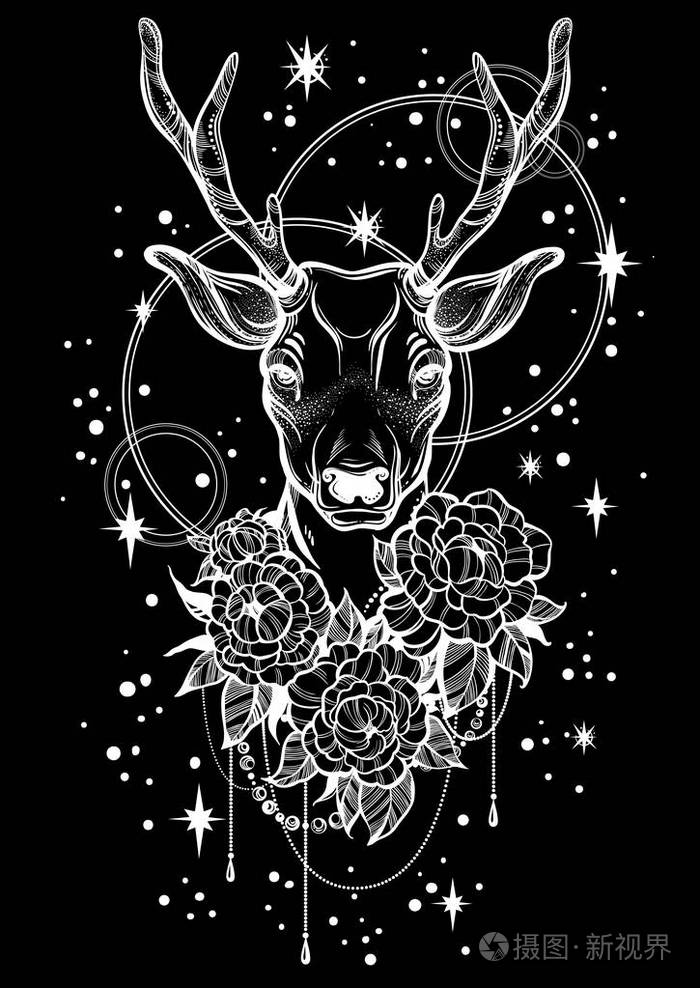 手绘的时尚矢量插图与鹿和牡丹花在夜空背景纹身art矢量线性样式图稿