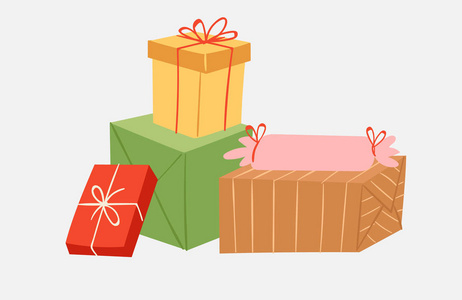 矢量礼品盒堆叠卡通包装为事件问候生日或圣诞节白色插图隔离