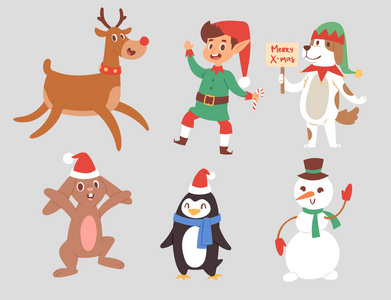 圣诞矢量人物可爱卡通驯鹿, 圣诞兔, 圣诞老人狗新年标志, elf 儿童男孩和企鹅个人特征说明