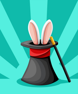 艾比耳朵出现在魔术顶帽子与红色丝带和魔法棒平面风格矢量插图隔离在绿松石背景网站页面和移动应用程序设计。