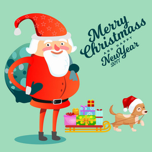 圣诞老人与沉重的礼物袋在他的背上祝贺大家与圣诞节和新年快乐, 宠物狗狗狗拖着雪橇与节日盒矢量插图
