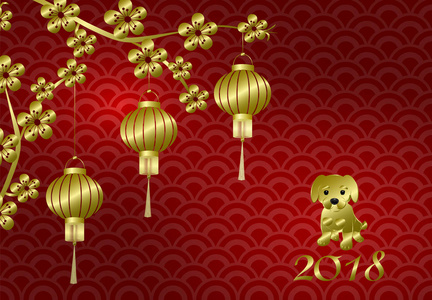 春节。风格化的铜, 青铜。樱桃树枝上的中国灯笼。那只狗樱花.红色背景图