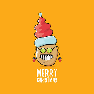 矢量时髦漫画卡通可爱的棕色微笑圣诞老人土豆与红色的圣诞老人帽子和书法欢快的圣诞文本在橙色背景隔离
