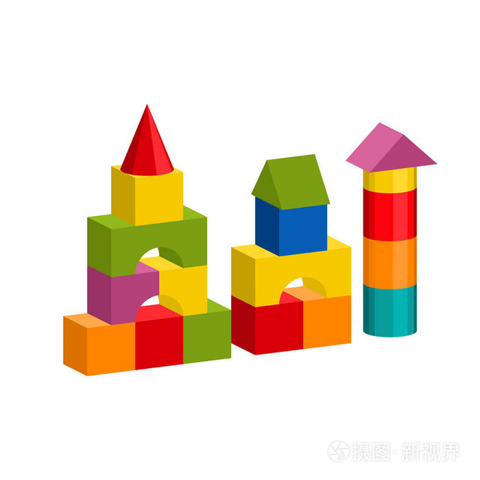 五颜六色的积木玩具大厦塔, 城堡, 房子