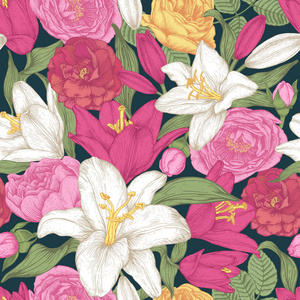 矢量花卉无缝图案与白色和红色百合，粉红色和黄色玫瑰。 复古风格的花卉背景。