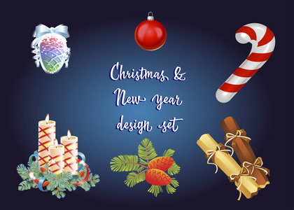集圣诞节和新年装饰和节日的元素。矢量插图