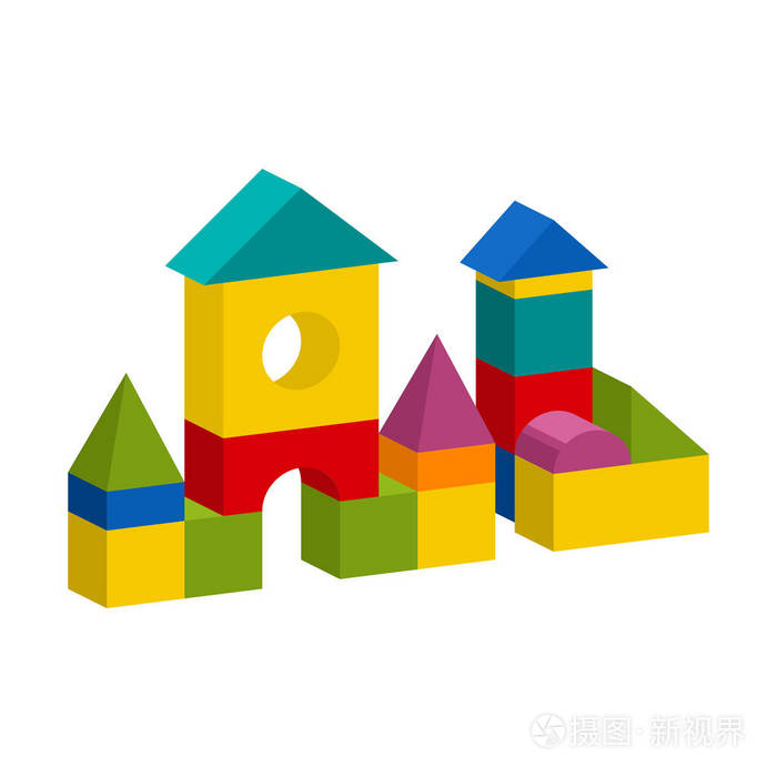 五颜六色的积木玩具大厦塔, 城堡, 房子