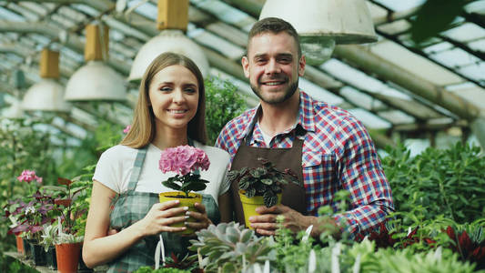快乐的年轻夫妇，在温室中微笑。有吸引力的女人和男人花店在围裙工作在花园里看进相机