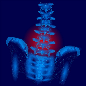 人脊柱髋关节性痛低聚。几何多边形粒子三角形点线未来医学技术蓝色红色痛苦区域向量图