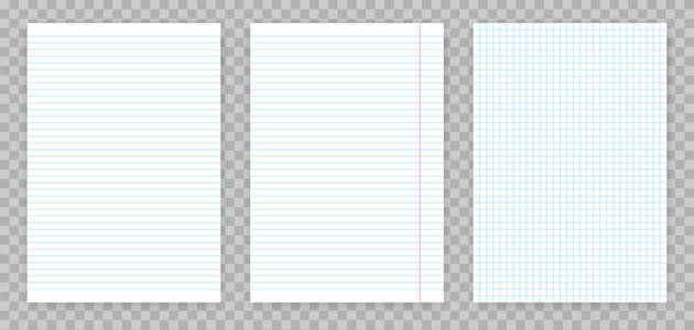 笔记本或抄写本的正方形和衬里的纸页。线和方块的矢量写实纸页设置在透明背景上隔离的记事本页面