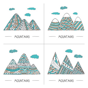 一套涂鸦风格的山。 手绘着色矢量插图。 具有简单图案的矢量景观。 用于装饰，问候卡，邀请，T恤，海报，横幅和印刷品。