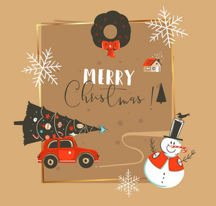 手绘矢量抽象圣诞快乐新年时间复古卡通插图贺卡模板与汽车, 圣诞树, 雪人和排版文字在棕色背景上隔离