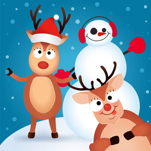 圣诞驯鹿可爱和有趣的人物鹿和雪人。圣诞贺卡矢量插图
