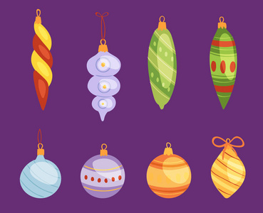 圣诞树玩具矢量装饰品球, 圈子, 星, 响铃为装饰新年圣诞节树玩具在分支例证