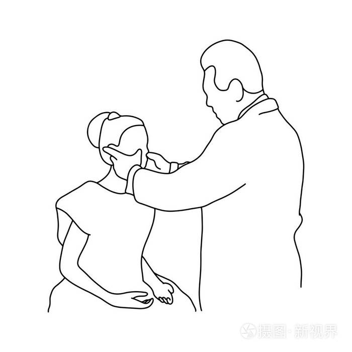 男性医生检查女性患者的脸颊的矢量插图轮廓素描手绘制的黑色线隔离在