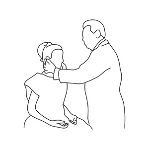 男性医生检查了一个女性患者的下巴矢量插图轮廓素描手绘制黑色线隔离在白色背景。全面体检。asmr医疗保健理念