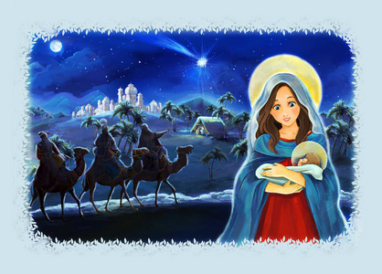 与玛丽和耶稣基督和旅行国王的卡通场景儿童插图