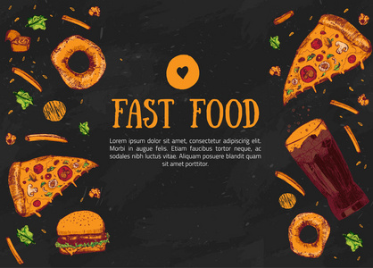 手绘速食菜单。食品的菜单设计, 广告或包装的项目。黑板背景上的现代旗帜。矢量设计