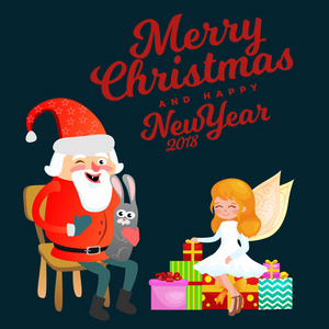 戴着红帽的圣诞老人坐在椅子上, 手里拿着野兔, 用金色的翅膀帮助和准备礼物, 圣诞和新年快乐矢量插画