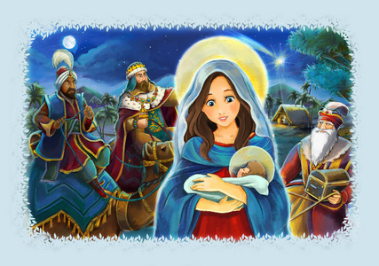 玛丽和耶稣基督的卡通场景和儿童旅游国王插图