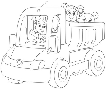黑白矢量插图一个小男孩在一辆大玩具卡车上玩，里面有一只泰迪熊和一只小豹子。