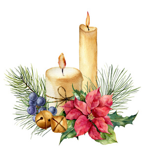 带有节日装饰的水彩圣诞蜡烛。手绘花卉组成与树叶, 一品红, 铃铛, 杜松浆果孤立的白色背景。设计植物学插图
