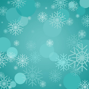 蓝色的圣诞背景，五颜六色的雪花和淡淡的倒影。 灯光照明背景