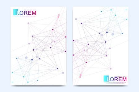 小册子, 传单, 传单, 广告, 封面, 目录, 杂志或年度报告的现代矢量模板。具有连接线和点的几何图案。控制论的点。线丛。卡面