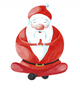 卡通圣诞老人的瑜伽姿势之一。白色背景上孤立的彩色水彩画。圣诞和新年的明信片。