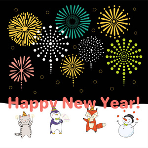 手绘2018年新年快乐贺卡，背景为可爱的卡通动物和烟花