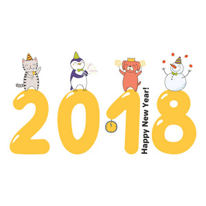 手画2018年新年快乐贺卡与可爱有趣的卡通动物站在2018年的大数字