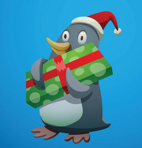 有趣的圣诞企鹅与大绿色的礼物