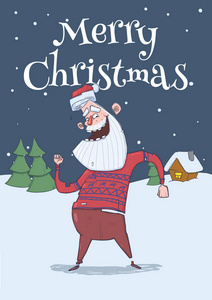圣诞贺卡的圣诞老人在鹿毛衣跳舞在下雪的夜晚, 在云杉树和节日的房子前面。垂直矢量图示。卡通人物。刻字.复制空间