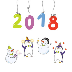 手绘2018年新年贺卡，数字挂在弦上，可爱有趣的卡通动物