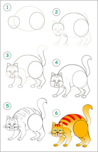 页面展示了如何一步地学习画一只站立的猫。 培养儿童绘画和着色的技能。 矢量图像。