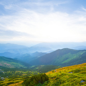 日出时，在蓝雾中美丽的青山山谷