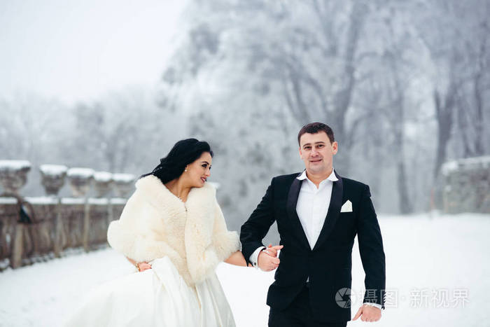 幸福美丽的新婚夫妇牵着手走雪路冬新年圣诞爱情婚礼漫步
