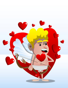 丘比特拿着红色的小心脏，另一只手拿着弓箭。 矢量卡通人物插图。