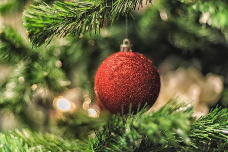圣诞装饰圣诞树上的红色闪亮的球