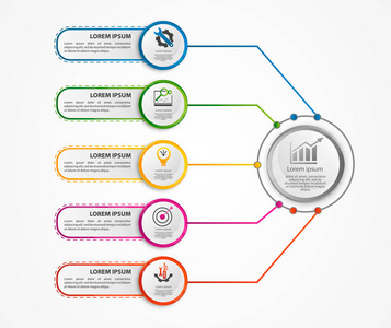 现代矢量插画3d。一个圆形的信息模板, 在中心有五元素和一个圆圈。包含图标和文本。为业务演示图表设计, 具有5步骤