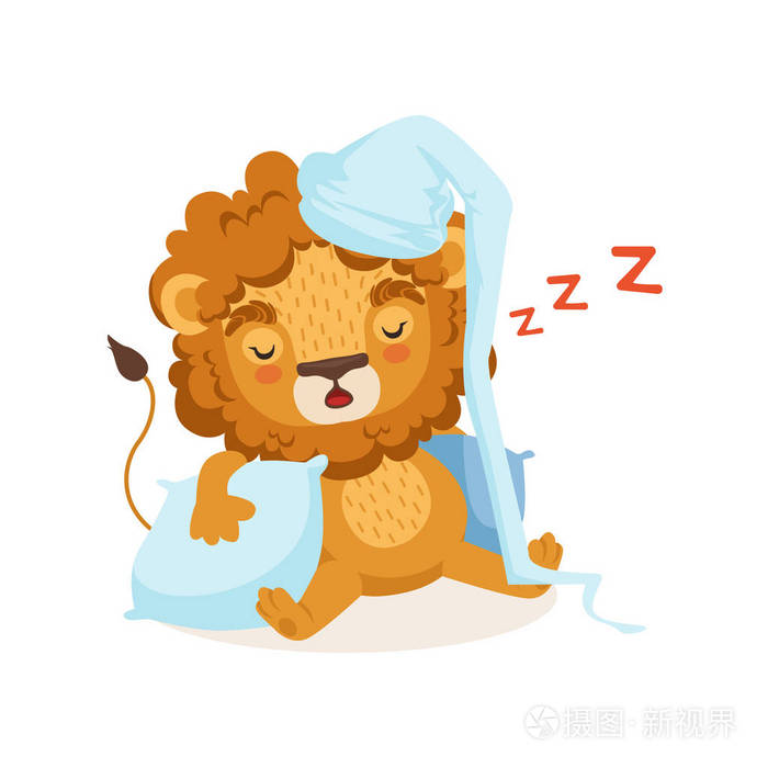狮子卡通人物穿着睡床和睡觉的两个枕头.