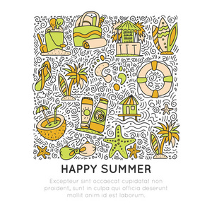 夏季和海滩手绘图标概念。旅游夏季图标收集广场形式与卡通装饰元素。椰子, 冲浪船, 沙子, 冰淇淋元素。快乐夏日假期图标